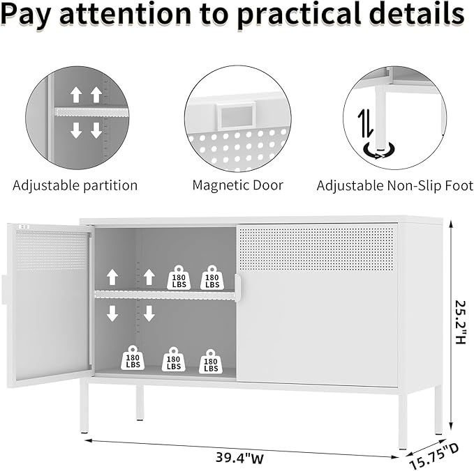 White Metal Storage Cabinet with 2 Doors - 25''H TV Stand, 2 Tier Locker with Adjustable Shelves, Multipurpose TV Cabinet for Office, Home, Living Room, Kitchen