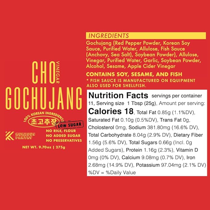 K Kurious Pantry Chogochujang, Korean Red Chili Paste with Vinegar, Sauce, Condiment, Dressing, Dip, No Flour, No Added Sugar, No Preservatives, 9.7oz