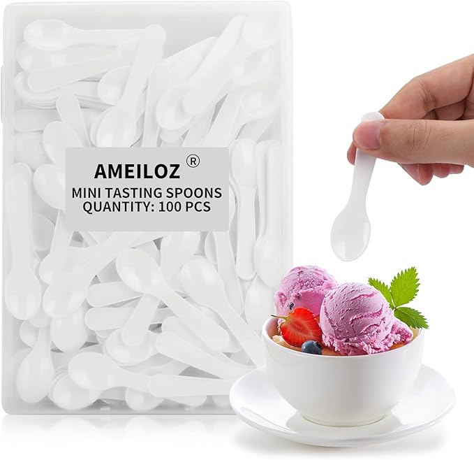 100PCS 3 Inch Mini Tasting Spoons Tiny Plastic Taster Spoon for Yogurt Pudding Jello Shots Ice Cream, Extra Little Sample Micro Spoons (White)