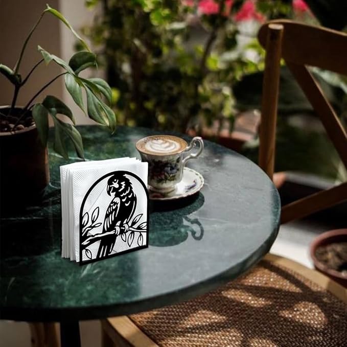 Parrot on Branch Decorative Black Metal Napkin Holder for Table, 4.9" x 5.3" x 1.9" Parrot Bird Standing Napkin Holder for Home Kitchen Restaurant Picnic Party Coffee Bar Room