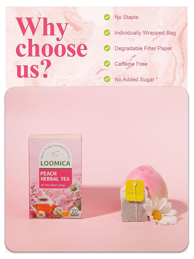 LOOMICA Peach Herbal Tea, Caffeine-Free, Peach Tea Bags with Rosehip, Hibiscus, Chamomile & Orange Peel, Naturally Balanced Sweet & Tangy, Refreshing Fruity Herbal Blend, No Artificial Sugar, 20 Counts