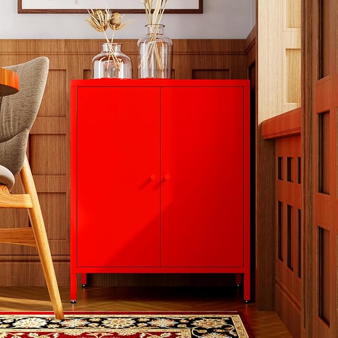 Small 2 Metal Storage Side Buffet Cabinet for Bed Room,Living Room,Entryway,Hallway,Home,Hotel,Office,Garage,Kitchen,1 Removable Shelf. (Metal Door, Red)
