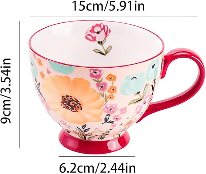 Autumn Handmade Large Ceramic Coffee Mug (20oz) Cute Cereal Vintage Flower Mugs Cozy Fall Gift Cup for Breakfast Oatmeal Tea & Hot Drinks with Floral Design
