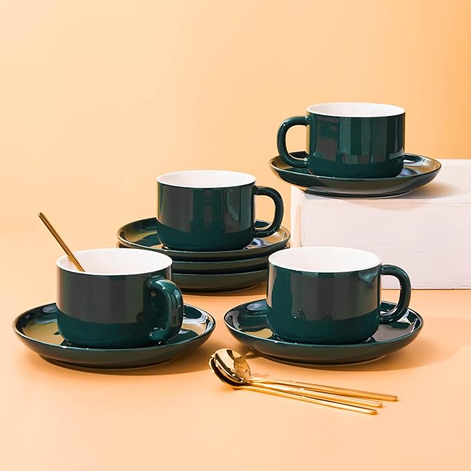 Coffee Cups and Saucers Set of 4 with Stainless Steel Spoons, 8oz Ceramic Cappuccino Cups Set, Green Durable Porcelain Cups for Tea, Latte, Mocha