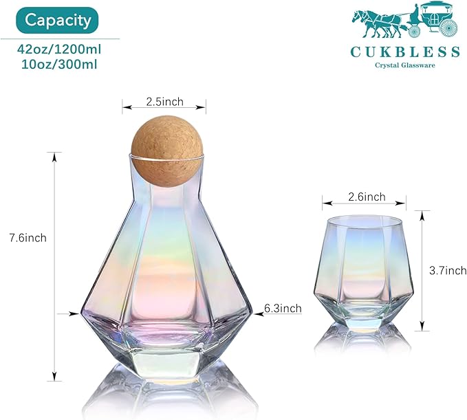 CUKBLESS Wine Decanter And Glasses Set of 4, Diamond Iridescent Wine Carafe With Cork Ball Stopper, Hand Blown Glass, for Wine Lovers