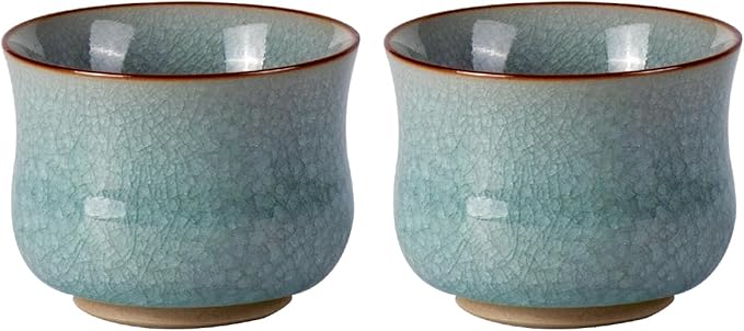 KAMMAK Tea Cup Set of 2 Porcelain Small Tea Cups 3.2oz Japanese Tea Cup Set, Asian Ceramic Teacups for Home, Party, Office, Chinese Kung Fu Tea Set for Hot/Cold Drink (Waist- Ice Crackle Glaze)