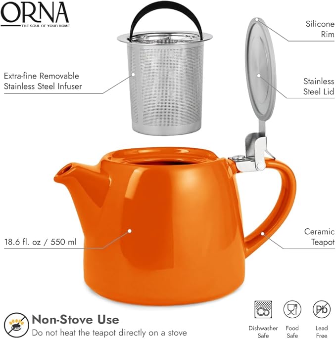 ORNA Ceramic Teapot with Tea Infuser – Small Tea Pot for Loose Leaf Tea – 550ml / 18.6 Oz Porcelain Non-Stove Teapot for 2 Cups with Tea Strainer (Orange)