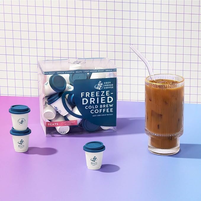 COZY INDIGO COFFEE - BEATS Cold Brew Light Medium Roast Instant Freeze Dried Specialty Coffee, 24 Capsules, 100% Arabica, Enjoy Cold or Hot, Perfect for Travel and On The Go