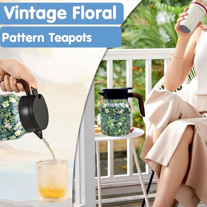 Vintage Floral Pattern Tea Pots – Built-in Infuser,Vintage Floral Teapot with Built In Infuser Stainless Steel Thermal Carafe with Lid for Hot Drinks,Purple(Wooden handle,35oz)