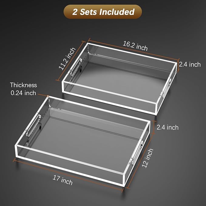 2 Pack 12"x17" Acrylic Serving Tray with Handle-Clear Acrylic Trays for Serving Food -6mm Thick Large Outdoor Lucite Tray-Stackable Makeup Organizer(12X17X2.4, 11.2X16.2X2.4)