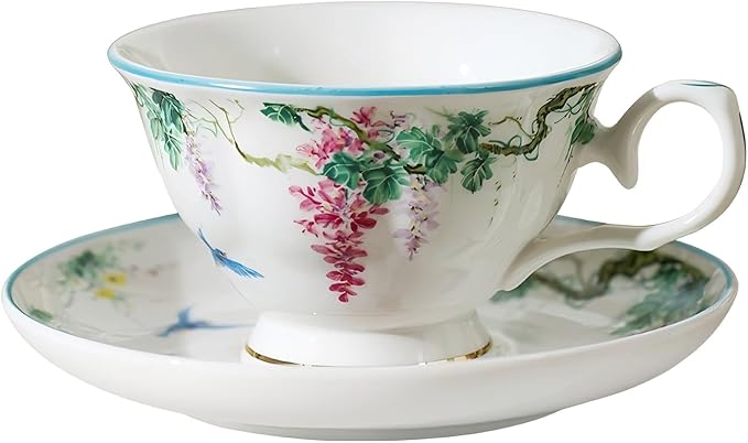 Floral Ceramic Cup Bone China Tea Cup and Saucer Set 6.8 Oz Gold Trim Vintage Style Porcelain Coffee Cup for Home Kitchen Office, Style 6