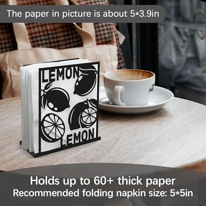 Lemon Decorative Black Metal Napkin Holder for Table, 5.3" x 4.9" x 1.9" Lemon Fruit Standing Napkin Holder for Home Kitchen Restaurant Picnic Party Coffee Bar Dining Room