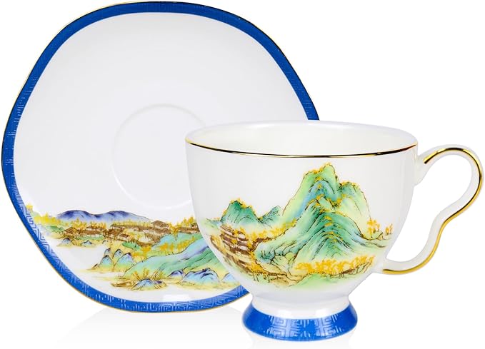 Bone China Tea Cup and Saucer Set, Bone China Coffee Cups and Saucers, Vintage Blue and White TeaCups snd Saucers Gift for Mom Friend Tea Party (Blue D)