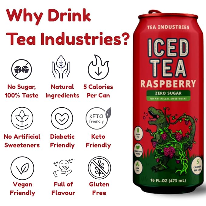 Tea Industries Black Tea with Raspberry Iced Tea – Sugar Free, Low Calorie Refreshing Drink, Natural Fruity Flavor, 16oz Cans (12-Pack)