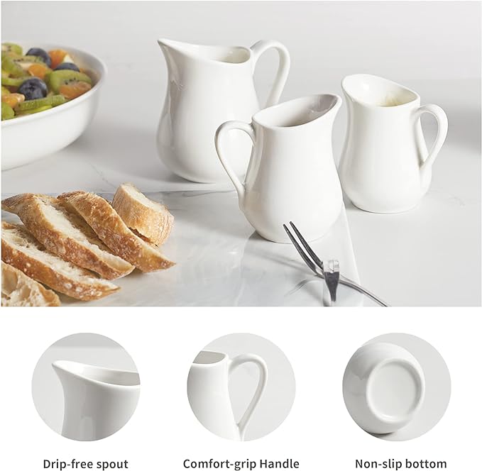 Gurygo 2 Pack 8 oz Ceramic Creamer Pitcher Set with Handle, Small Classic White Milk Container, Fine Porcelain Creamer Pitcher for Coffee Milk Sauces Salad, Microwave & Freezer Safe