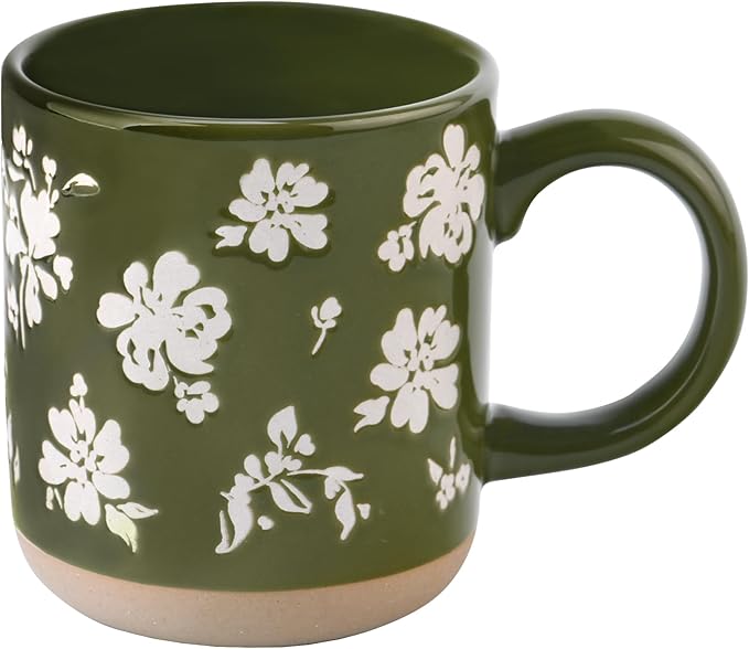 Sweet Water Decor Green Floral Stoneware Coffee Mugs - 14oz Cute Coffee Mugs for Hot & Cold Drinks - Dishwasher & Microwave Safe - Spring Home Decor and Gift - Ideal Tea & Espresso Mugs