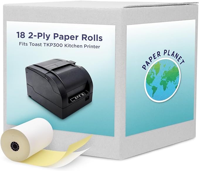 2-Ply White/Yellow Carbonless Paper for Toast Kitchen Printer by Paper Planet | 18 Rolls | TKP300 SNBC BTP-M300