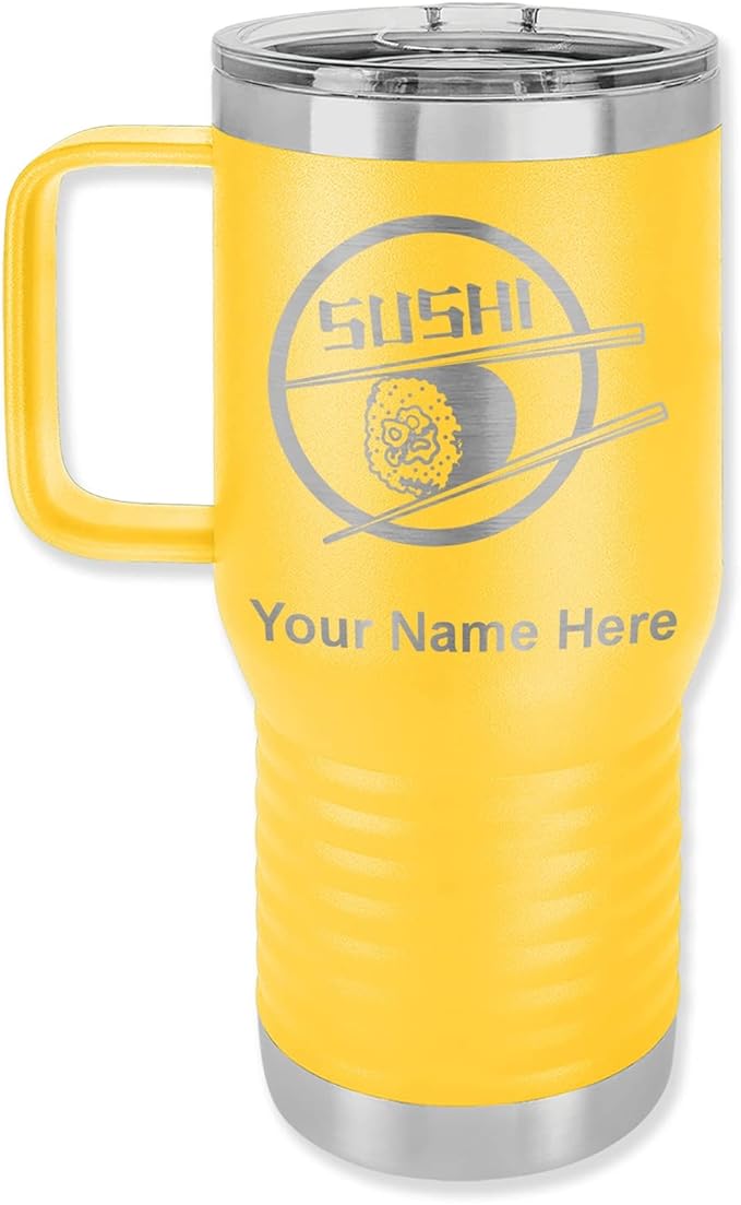 LaserGram 20oz Vacuum Insulated Travel Mug with Handle, Sushi, Personalized Engraving Included (Yellow)