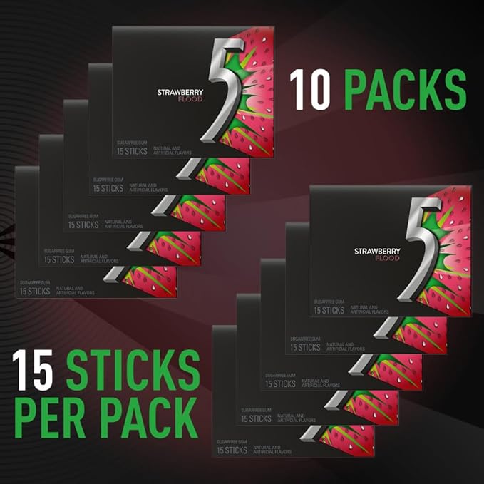 5 Gum Sour Strawberry Sugar Free Chewing Gum Bulk Pack, 15 Stick (Pack of 10)