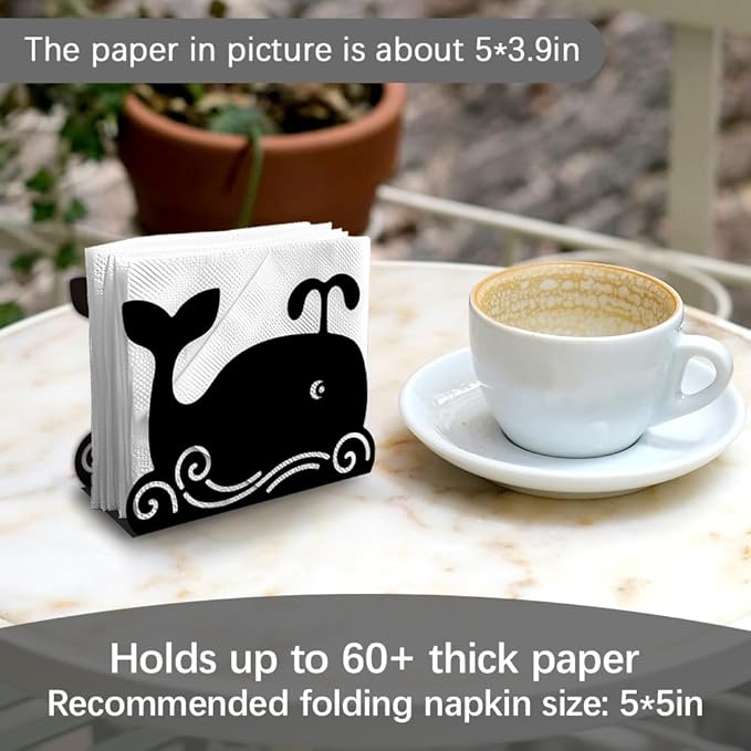 Cartoon Whale Decorative Black Metal Napkin Holder for Table, 5.3" x 4.1" x 1.9" Whale Marine Animal Standing Napkin Holder for Home Kitchen Restaurant Picnic Party Coffee Bar Dining Room