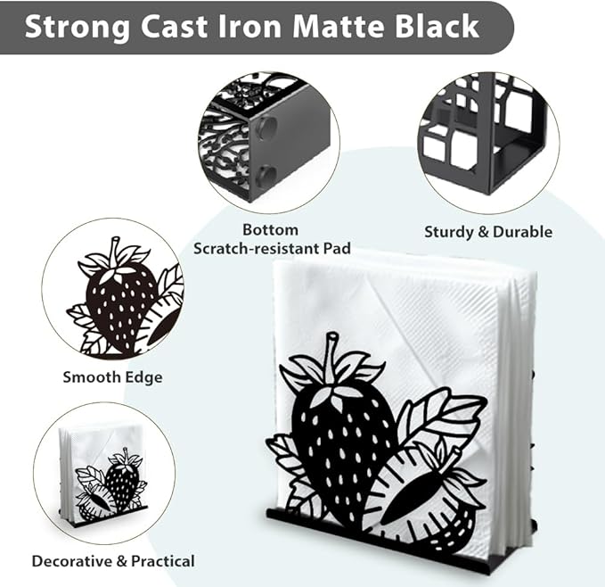 Strawberry Decorative Black Metal Napkin Holder for Table, 5.3" x 4.4" x 1.9" Strawberry Fruit Standing Napkin Holder for Home Kitchen Restaurant Picnic Party Coffee Bar Dining Room