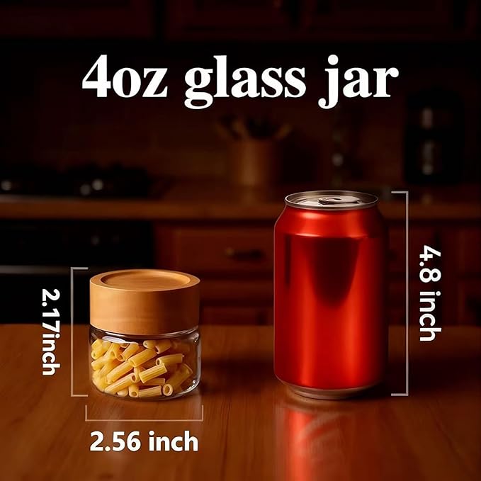 6-Pack 4 oz Stackable Airtight Glass Canisters with Acacia Lids - Small Mason Jars for Overnight Oats, Spice Storage, Herb Keepers, Pantry Organization and Dry Food Storage