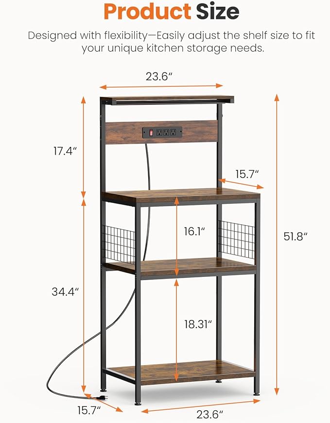 Sweetcrispy Kitchen Bakers Rack with Power Outlet, Coffee Bar Table 4 Tiers, Microwave Oven Stand Station, Adjustable Storage Shelf Freestanding Appliance Organizer - 23.6 Inch, Rustic Brown