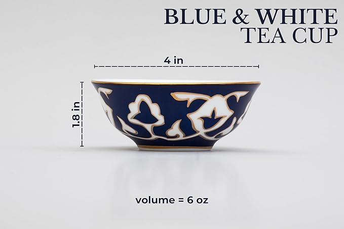 Blue and White Tea Cups - 6 oz. Tea Cups with White Vintage Design - Elegant Tea Serving cups for Kitchen and Gift for Women, Men, Adults and Tea Lovers (2 Cups)