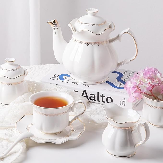 Sweejar 21 Pieces Porcelain Tea Set, Vintage Gold Trimmed Teapot Cup and Saucer Set, Tea Cup for Loose Tea, Sugar Bowl and Creamer Pitcher with Spoons, Service for 6(Elegant White)