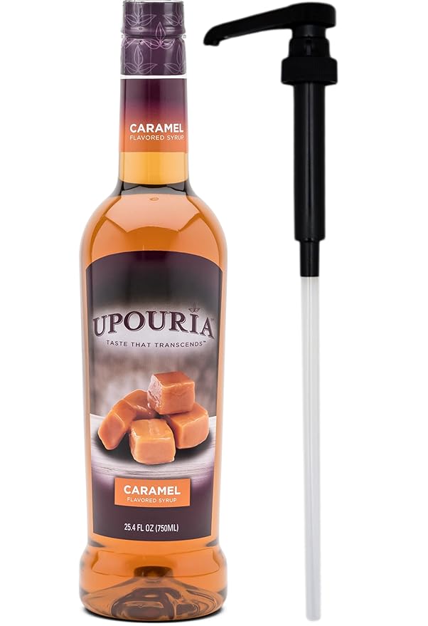 Upouria Caramel Coffee Syrup Flavoring, 100% Vegan, Gluten-Free, Kosher, 750 mL Bottle - Coffee Syrup Pump Included