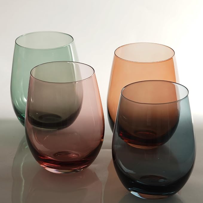Colored Stemless Wine Glasses for Red or White Wine (Set of 4), 18-Ounces, Large Wine Glasses for Cabernet, Pinot Noir, Burgundy, Bordeaux (4color)