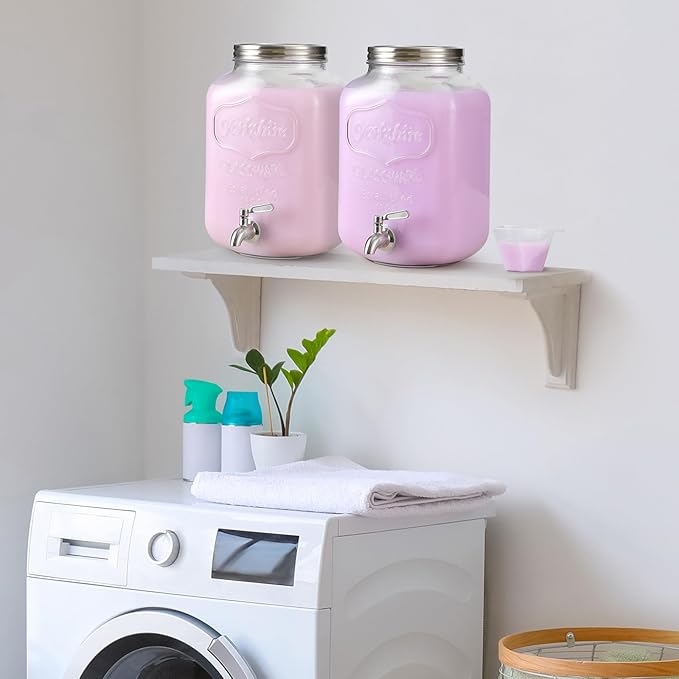 1 Gallon Glass Beverage Dispenser, 18/8 Stainless Steel Spigot and Lid, Glass Drink Dispensers for Parties, Mason Jar Drink Dispensers with Lids