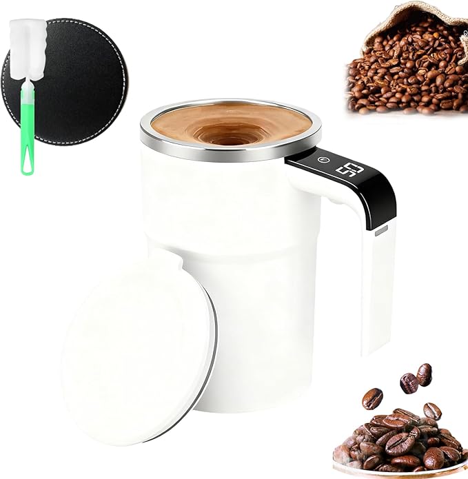 2026 New 13 oz Electric Coffee Mug with a Built-in LCD Thermometer, Electric Coffee Mug with Thermometer,Rechargeable Self Stirring Mug, Innovative Coffee Accessory for Coffees, Milk, Cocoa (White)