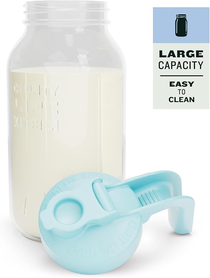 County Line Kitchen Glass Breast Milk Pitcher with Lid - Wide Mouth, 2 Quart (64 oz) - Heavy Duty, Leak Proof - Sun & Iced Tea Pitcher, Cold Brew Coffee, Breast Milk Storage, Water - Light Blue