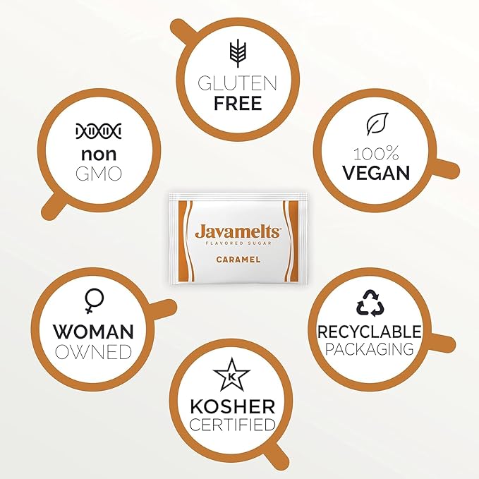Javamelts Caramel Flavored Sugar Packets | Pure Cane Sugar for Baking, Coffee Syrup Substitute, Cocktails, Tea | Non GMO, Non Dairy, Gluten Free, Kosher | 1,000 Bulk Sugar Packets