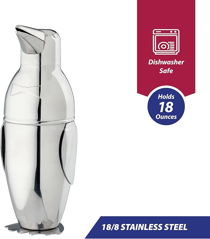 HIC Kitchen Bar Penguin Cocktail Shaker, 18/8 Stainless Steel, Mirror Finish, 3-Piece Set, Holds 18-Ounces