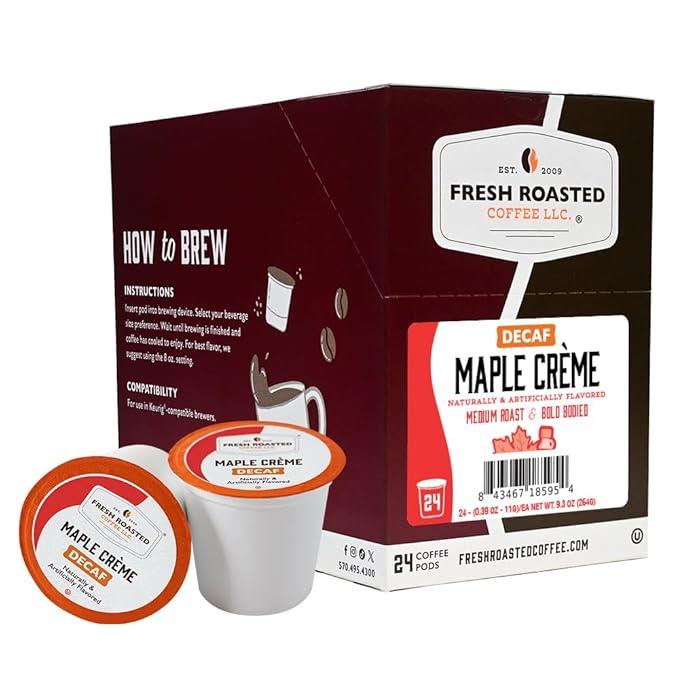 Fresh Roasted Coffee, Decaf Maple Crème, Flavored Coffee Pods, 24 Count
