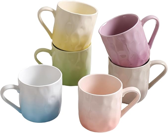 Porcelain Coffee Mugs Set of 6 with Hand Pinch Texture, Non-toxic, Stylish Gift 12 OZ Ceramic Coffee Tea Milk Coco Mug, Microwave and Dishwasher Safe (Multicolor)
