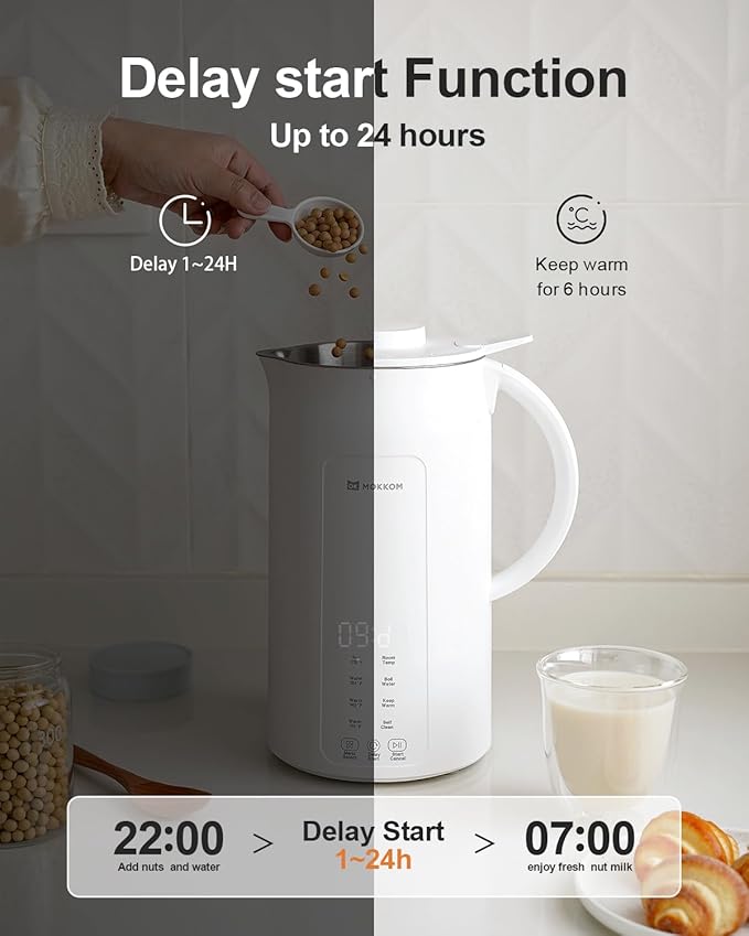 MOKKOM Nut Milk Maker, 42oz Soy Milk Maker for Homemade Plant-Based Milk, Oats, Soy, Dairy Free Beverages, Automatic Almond Milk Machine with Delay Start/Keep Warm/Self-Cleaning/Boiling, Pearl White