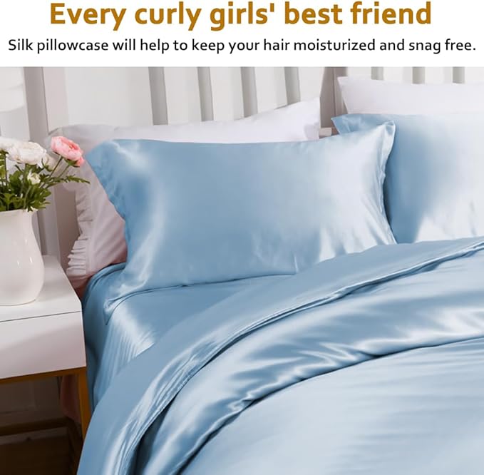 Silk Pillowcase for Hair and Skin with Hidden Zipper, Ravmix Both Sides 21Momme Mulberry Silk Cooling Pillow Case Queen Size 20×30inches, 1PCS, Light Blue