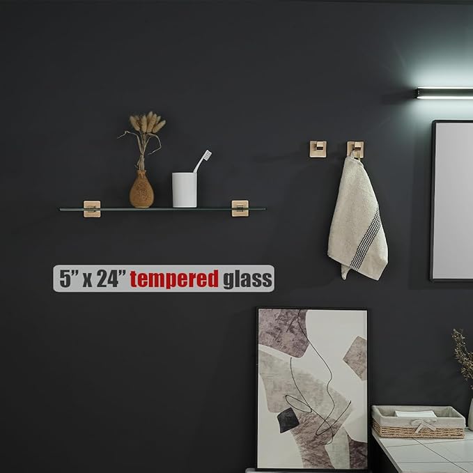 JQK Bathroom Glass Shelf, Floating Tempered Glass Shower Storage 24 by 5 inches, 304 Stainless Steel Champagne Bronze Wall Mount, TGS201L24-CB