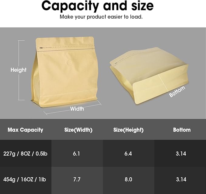50 Count 16oz Coffee Bags with Valve,1lb Vented Coffee Beans Packaging Bags High Barrier Aluminumed Foil Flat Bottom Heat Sealed Side Zipper Resealable Storage Bag for Home or Business（Kraft paper）