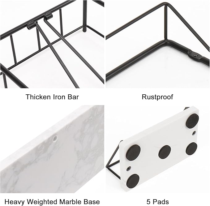 Livabber Flat Napkin Holder, Metal Kitchen Napkin Storage with Weighted Tension Arm Rustic Tissue Paper Dispenser for Countertop, Table Kitchen, Dining Room (with Marble Base, Black Napkin Holder Set)
