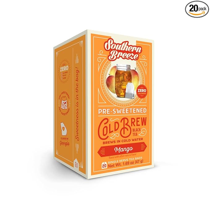 Southern Breeze Cold Brew Sweet Tea Mango Iced Tea with Black Tea and Zero Carbs Zero Sugar, 20 Individually Wrapped Tea Bags Southern Sweet Tea Iced Tea Beverage
