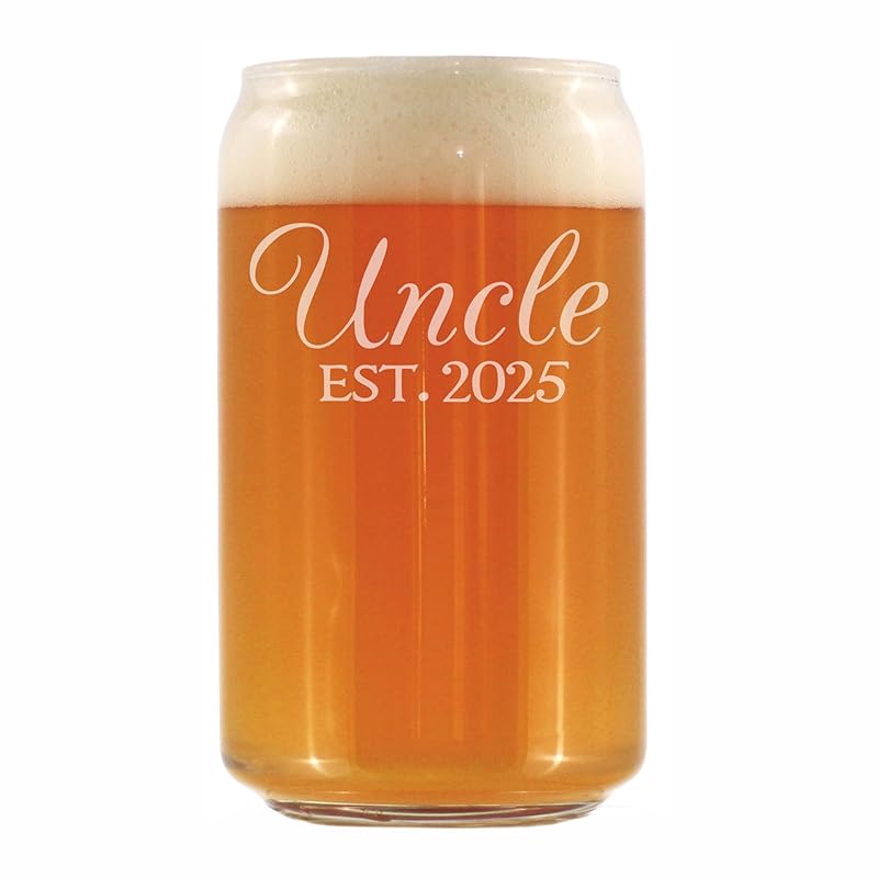 Uncle Est 2025 - Beer Can Pint Glass Gift for First Time Uncles - Decorative 16 Oz Glasses