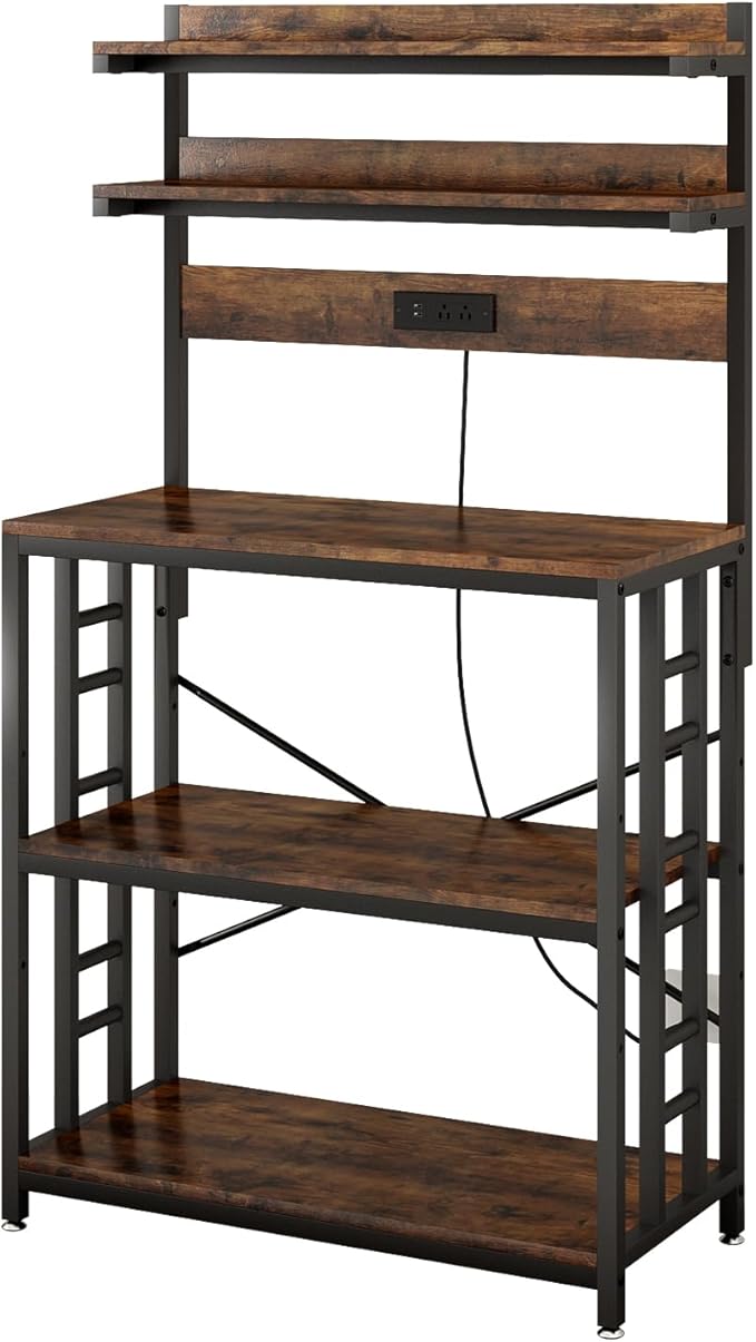 Adjustable Bakers Rack with Power Outlet,Coffee Bar Station with Led Lights,Microwave Stand with Storage,5-Tier Kitchen Shelf,Kitchen Storage Rack for Spices, Pots and Pans,Rustic Brown