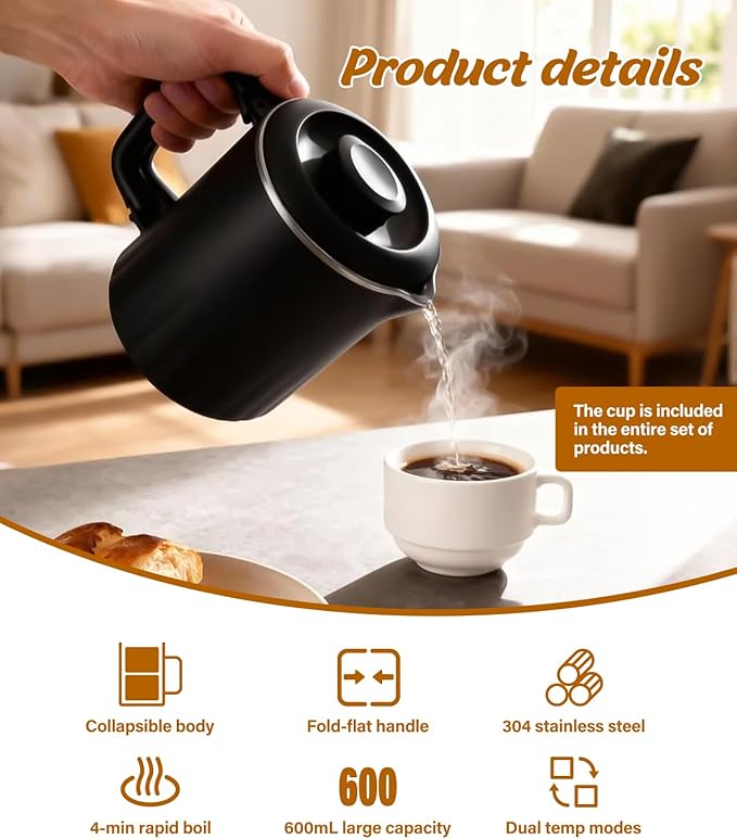 Portable Travel Electric Kettle, 600ML Small Water Kettle with Ceramic Cup, 304 Stainless Steel Water Boiler with Dual Power Control, Compact Design for Camping, RV, Business Trip & Hotel Stays, Black