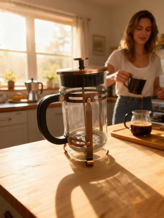 Coffee Maker 304 Stainless Steel French Press Heat Resistant Durable, Borosilicate Glass Coffee Press, Teapot, 34 ounce, copper