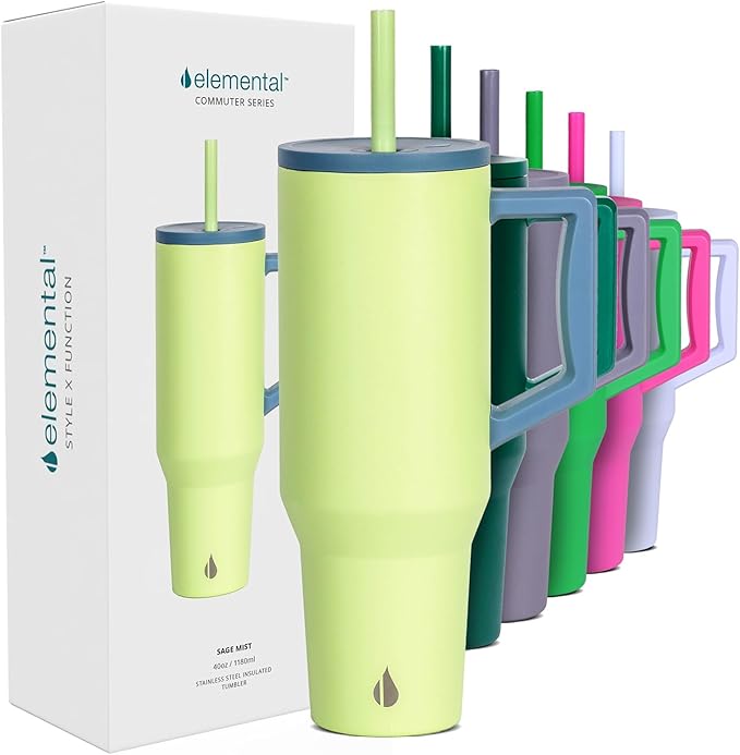 Elemental 40 oz Tumbler with Handle and Straw - Spill Proof Insulated Stainless Steel Commuter for Hot and Cold Beverages - Travel Coffee Mug with 2 Straws & Spill Proof Lid - 40oz - Sage Mist