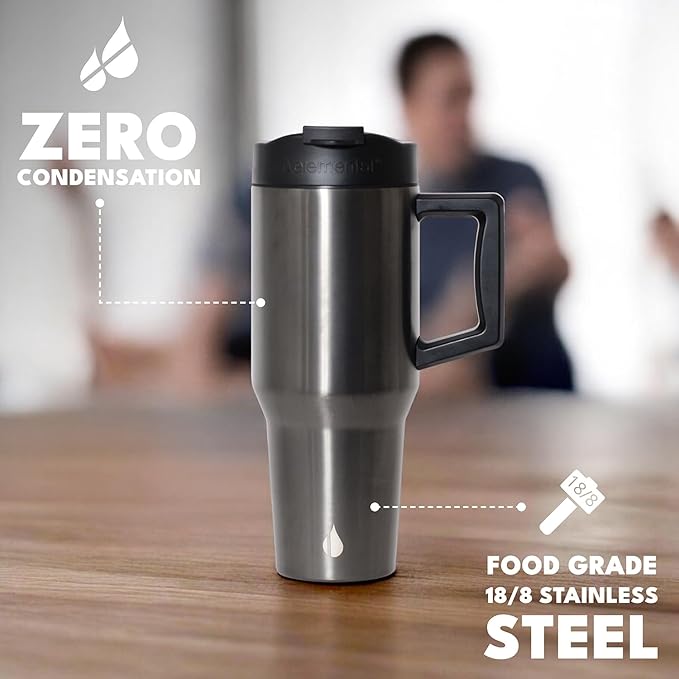 Elemental 32 oz 100% Leak Proof Tumbler with Handle & Straw - Stainless Steel Double Wall Insulated Tumbler for Hot and Cold Beverages - Travel Coffee Mug with Sip & Straw Lid - Gunmetal